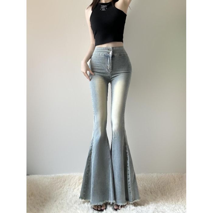 Horrysonie - High Rise Frayed Washed Bell Bottom Jeans