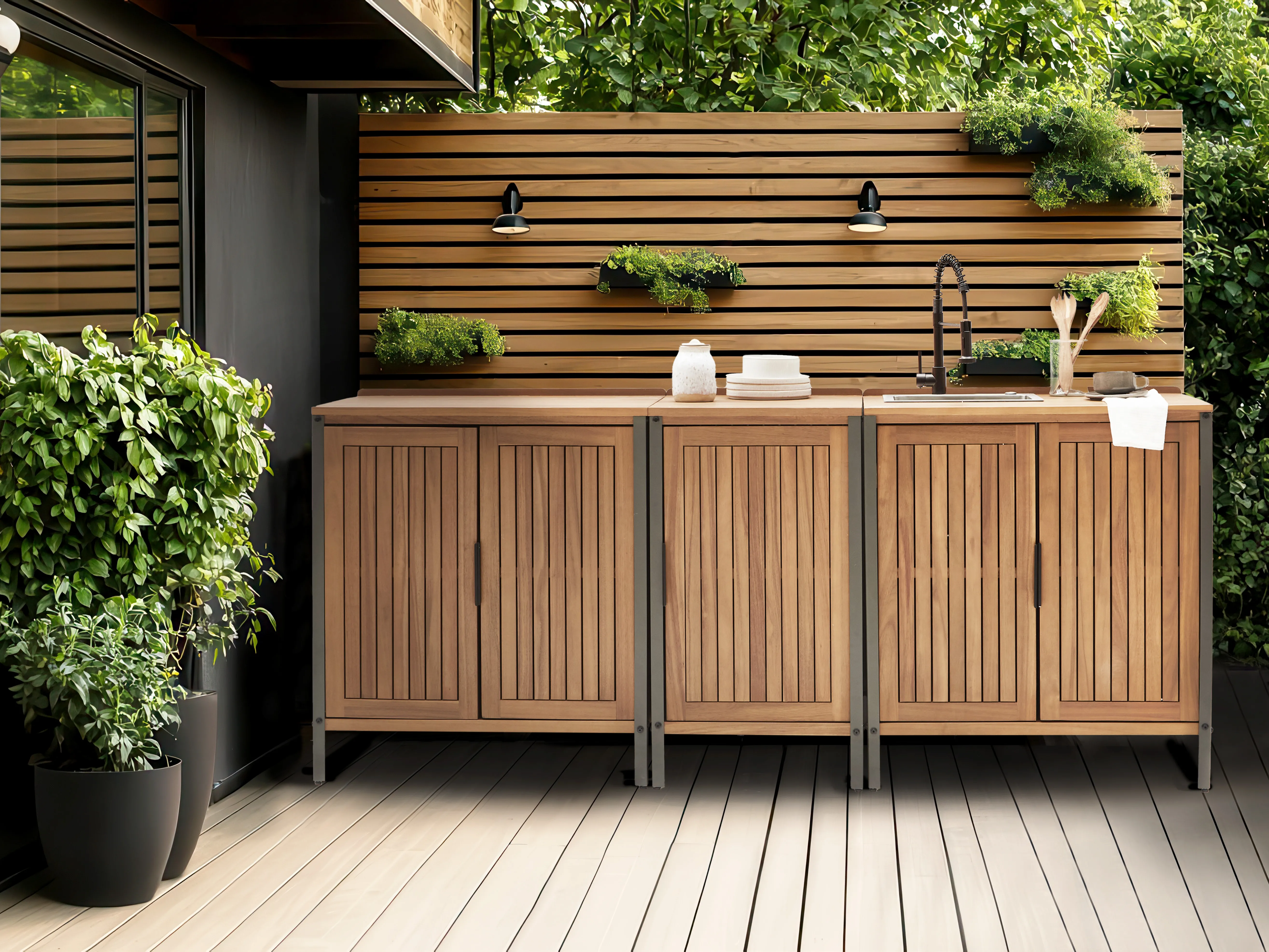 Tuin keukenset 3-delig met spoelbak IVREA Gecertificeerd acaciahout Bruin/zwart