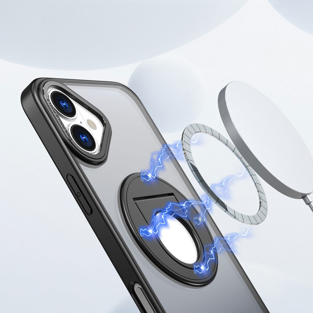 iPhone 16 MagSafe Hybrid Hardcase Hülle mit Kunststoff Rückseite und TPU Bumper   Kickstand Aufsteller - Grau / Transparent