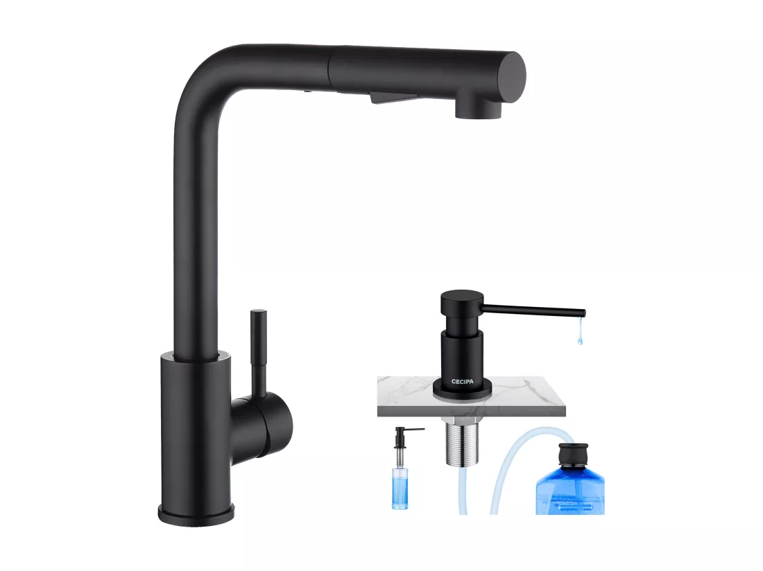 Cecipa max Mitigeur de Cuisine Noir avec Douchette Extractible + Distributeur de Savon de Cuisine Noir