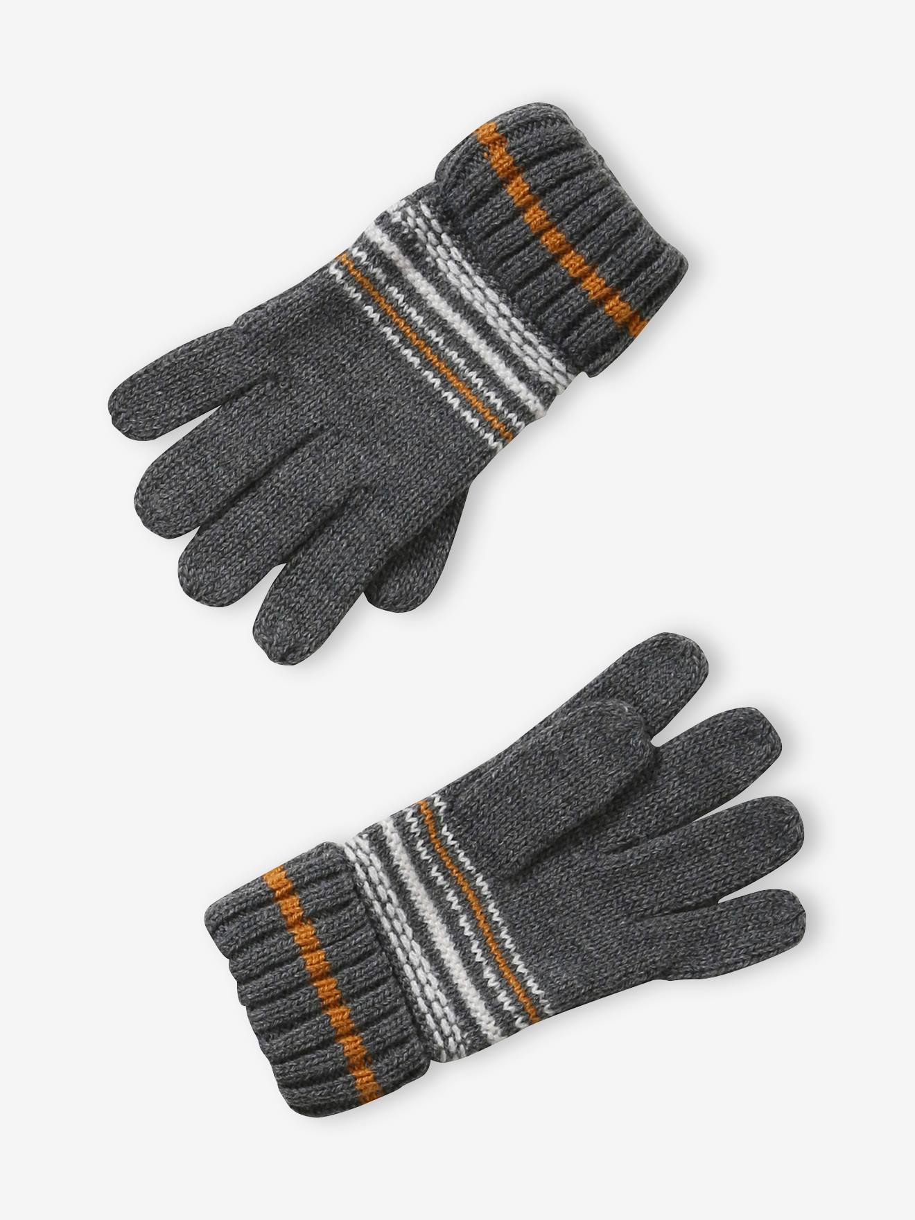 Conjunto de gorro + cachecol tubular + luvas de tricô jacquard, para menino, cinza médio bicolor/multicolorido