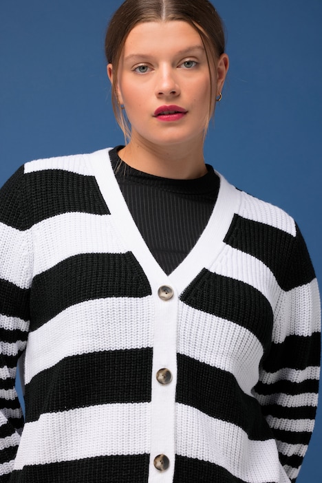 Strickjacke, Boxy Fit, Streifenmix, V-Ausschnitt, Langarm