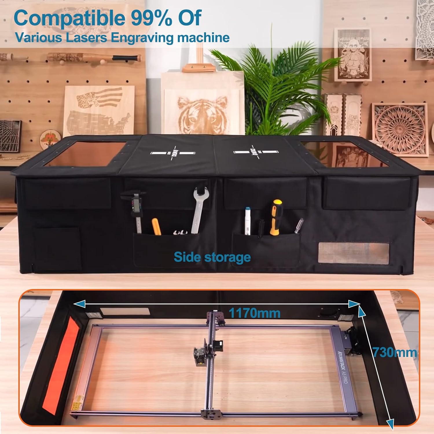 ATOMSTACK Maker FB2 Plus Schutzbox 1170x730x310mm für Lasergravurmaschine, Erweiterungs-Schutzbox-Kit staubdichte Abdeckung, voller Augenschutz, feuerfest, schnelle Montage, mit Rauchabzugsrohrstretch