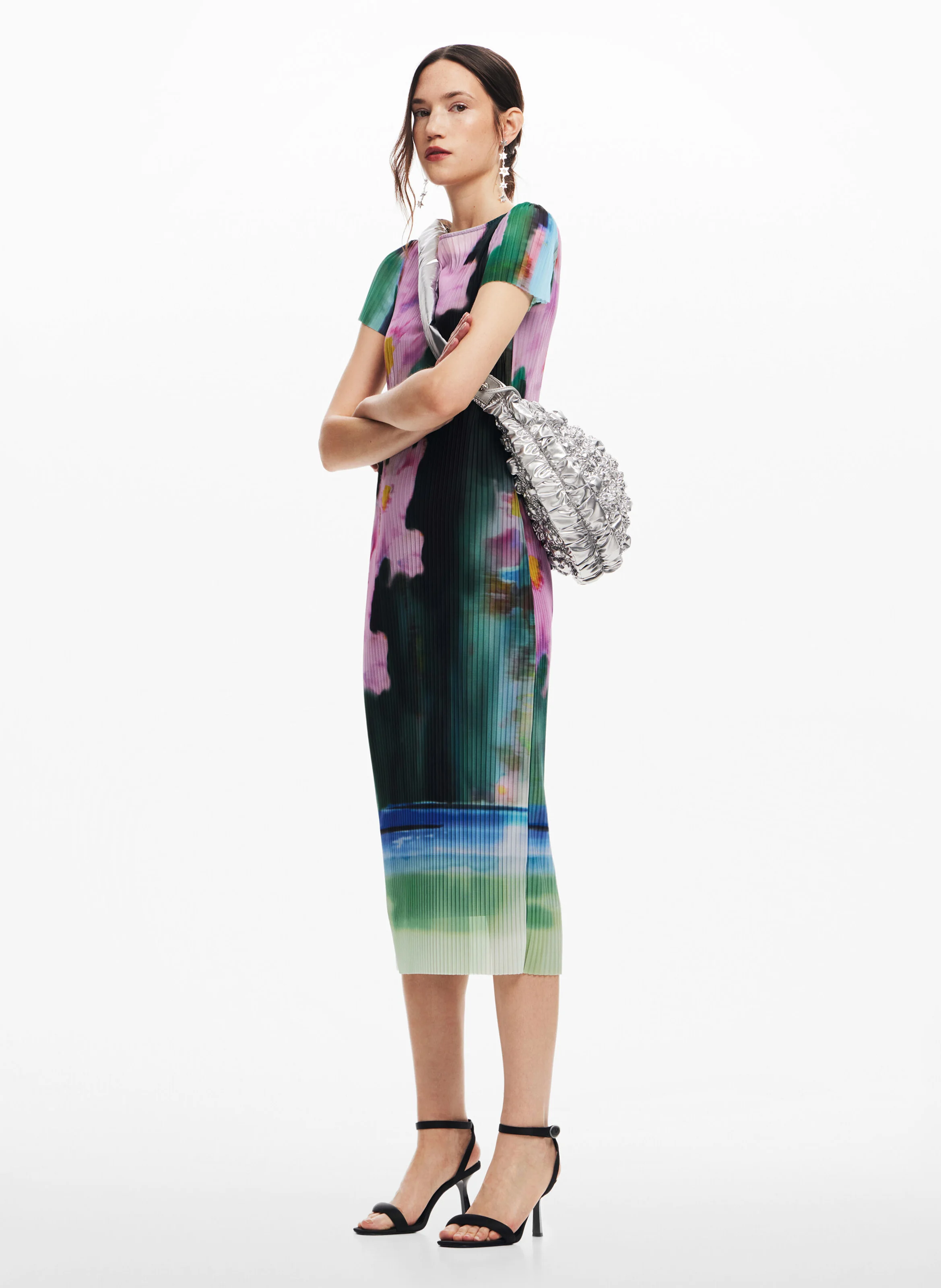 Robe midi col rond imprimée | Multicolore
