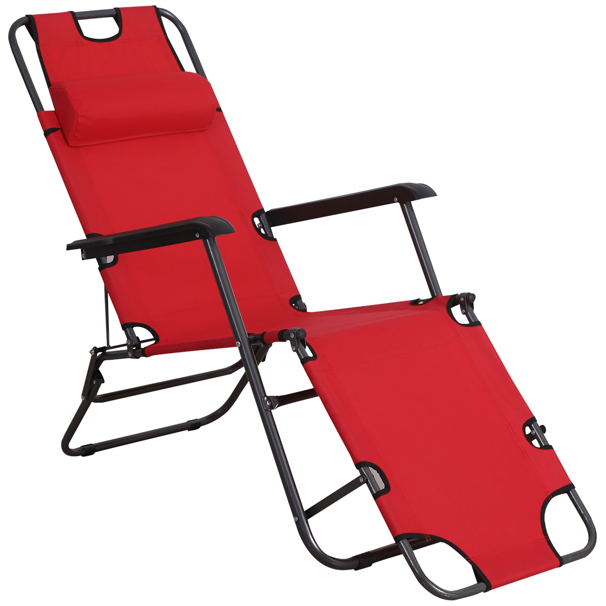 Cadeira de praia reclinável e dobrável Outsunny, espreguiçadeira relaxante com encosto ajustável, apoios de braço, almofada e apoio para os pés para jardim e varanda, capacidade de carga de 136 kg, 135 x 60 x 89 cm, vermelha