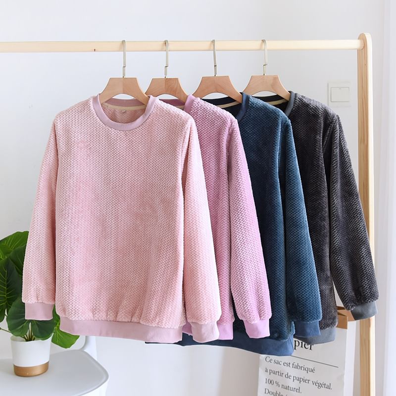MelMount - Koppel bijpassende ronde hals effen koraal fleece pyjamasweater (verschillende ontwerpen)