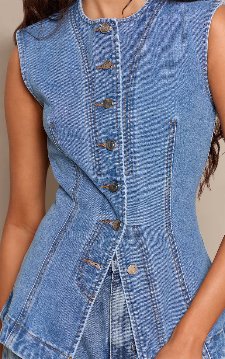 Mid Blue Wash Haut En Denim Sans Manches Long