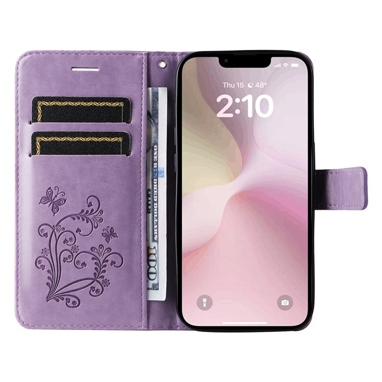 iPhone 16e Leder Tasche mit Kartenfach   Handschlaufe Schmetterling - Lila