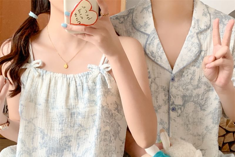 Tanee - Koppel bijpassende print pyjama camisole top / shorts / korte mouwen top / jurk / set