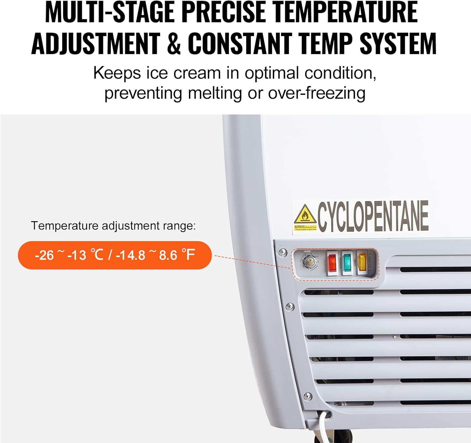 VEVOR Vitrine Réfrigérée à Crème Glacée Commerciale, Comptoir à Glace 460 L, Congélateur Mobile avec Dessus en Verre, 5 Paniers Métalliques, 2 Portes Coulissantes en Verre, Roulettes Verrouillables