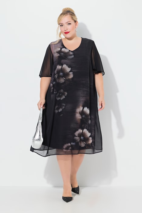 Kleid, Blüten, A-Linie, V-Ausschnitt, Cup-Halbarm