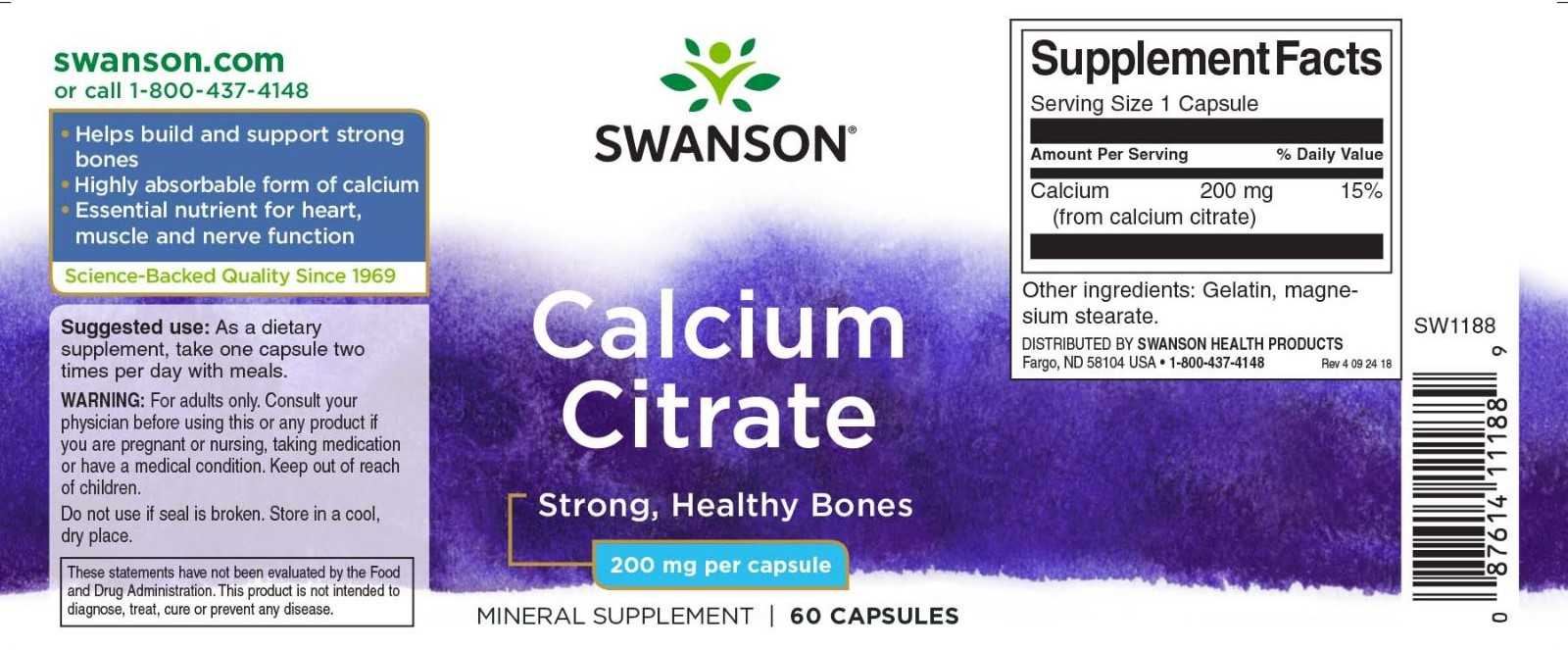 Citrato de cálcio Swanson, 60 cápsulas