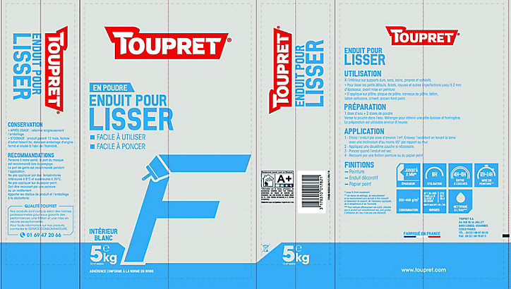 Enduit de lissage pour finition en poudre Toupret 5kg