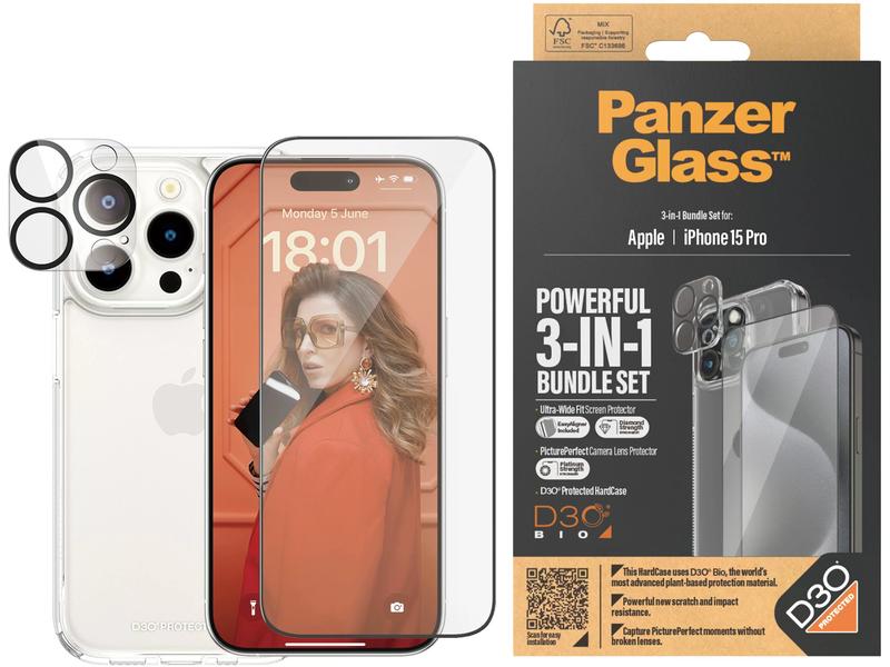 Panzerglass 3-in-1 Bundle iPhone 15 Pro 3-in-1 Set mit Bildschirmfolie, Schutzhülle und Kamera-Schutz für das Apple iPhone 15 Pro