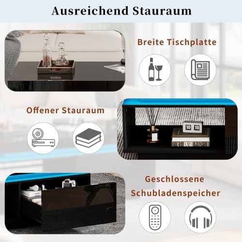 Merax Couchtisch mit LED-Beleuchtung, Hochglanz-Oberfläche, 1 Schublade, 100x50x40 cm, Moderner Sofatisch für Wohnzimmer, Robuster Kaffeetisch, Beistelltisch mit praktischem Stauraum