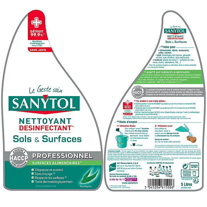 Nettoyant désinfectant sols et surfaces eucalyptus Sanytol 5L