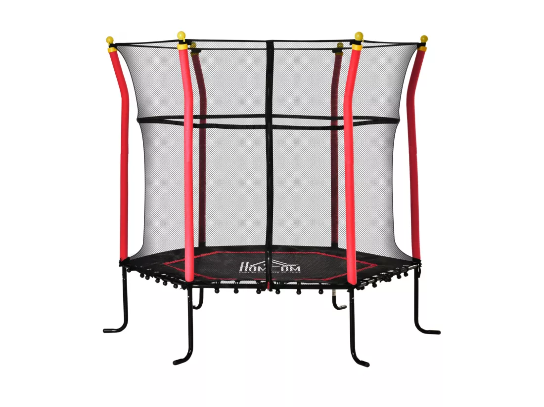 Trampoline enfant Ø 1,60 × 1,63H m filet de sécurité porte zipée couvre-ressorts 6 poteaux rembourrés inclus rouge