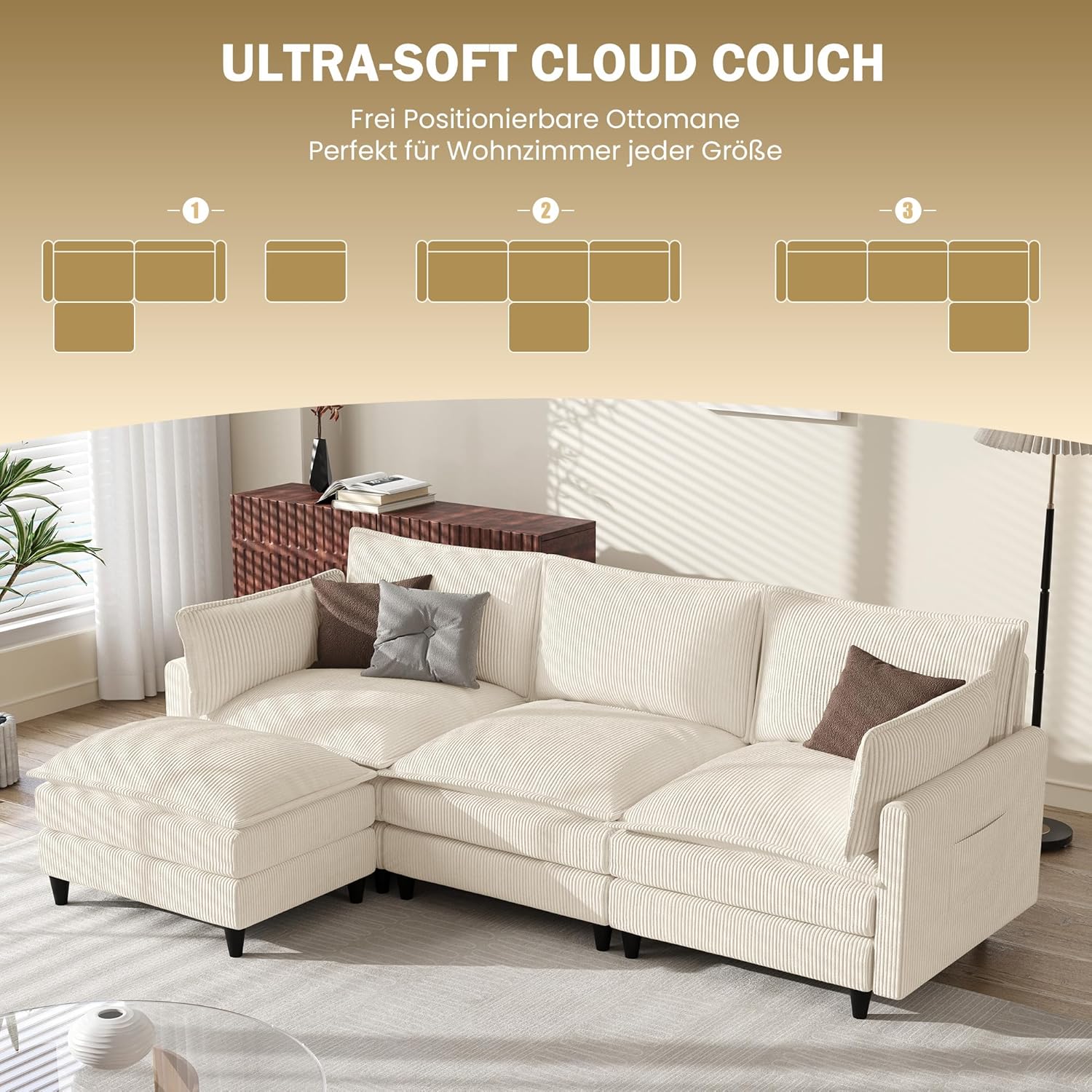 APICIZON Sofa mit Schlaffunktion, Cloud Couch, Sofa L Form, Eckcouch-275x132x80cm, Sofas XXL, Wohnzimmer Cord Schlafcouch, Seitliche Magazin-Aufbewahrungstasche, Beige