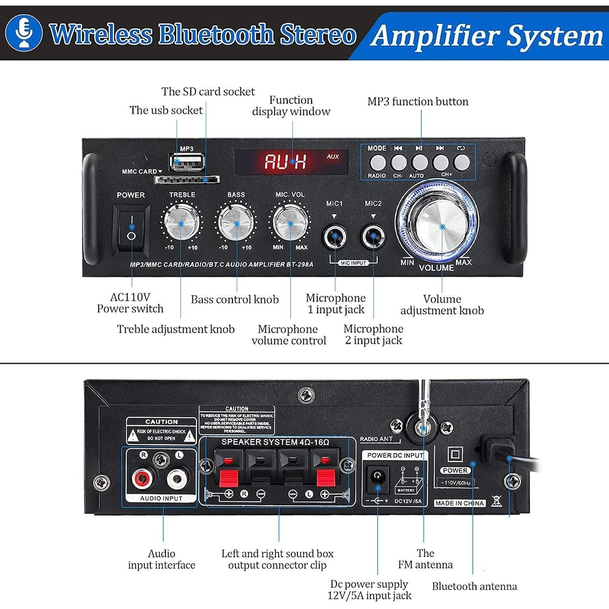 NÖRDIC Bluetooth 5.0 Stereoforsterker 2x40W AUX / USB / BT Lydforsterker med FM 2xMIC inngang