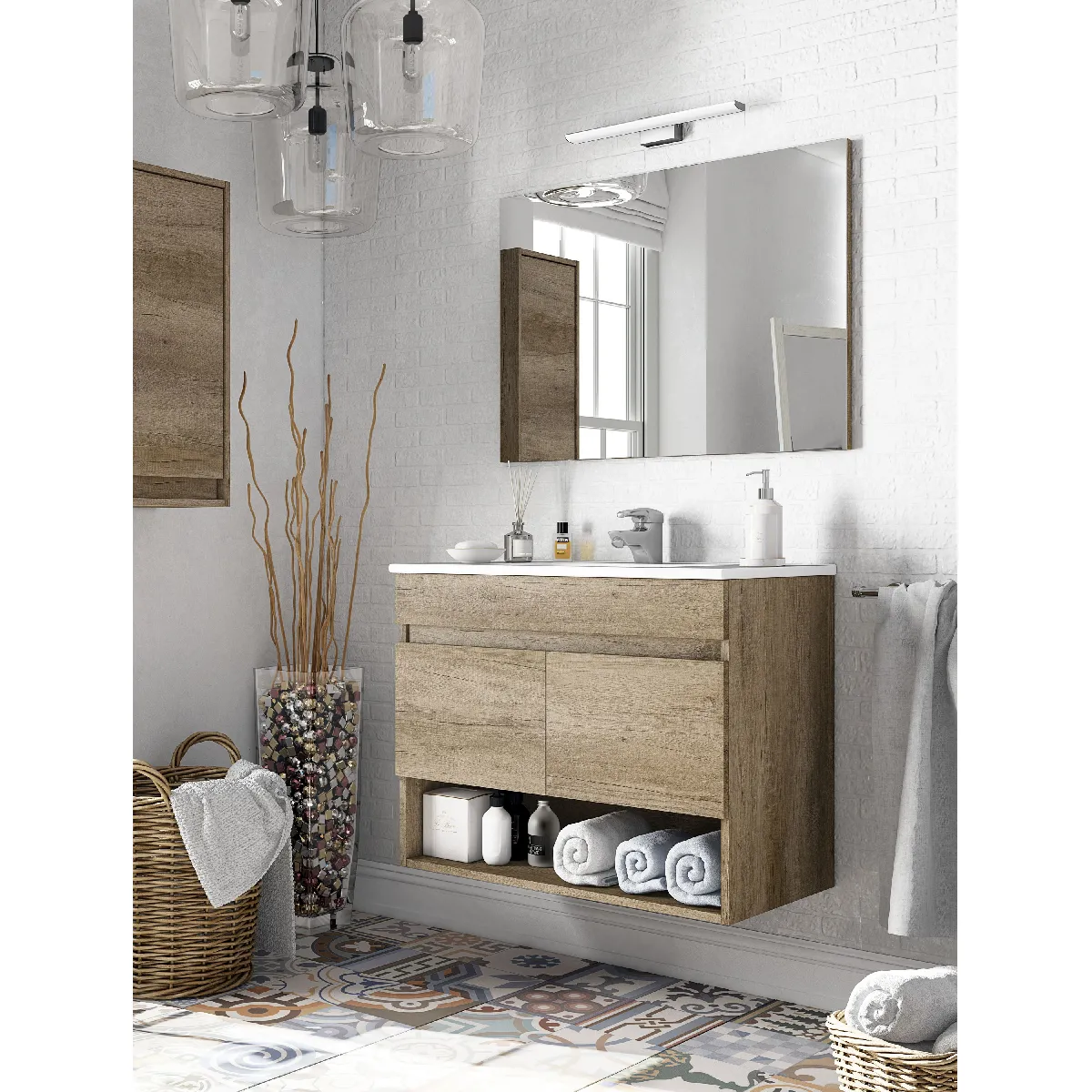 Alter Meuble sous-vasque suspendu avec miroir - Chêne imitation bois brut