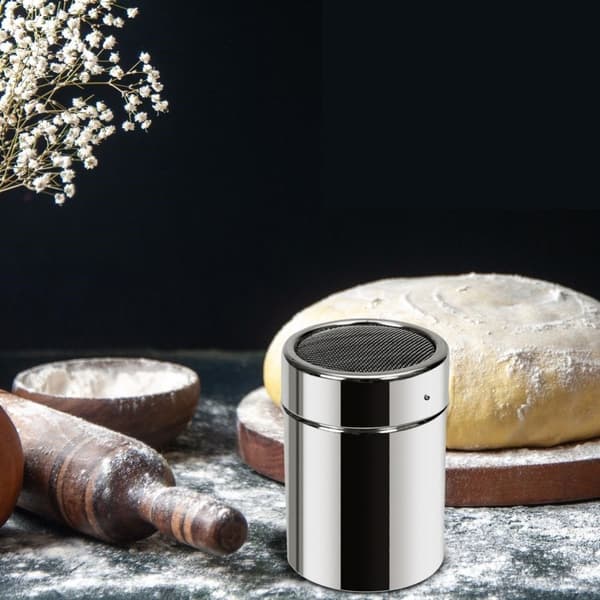 Beholder med sil og lokk for melis, kakao, kaffe, strø