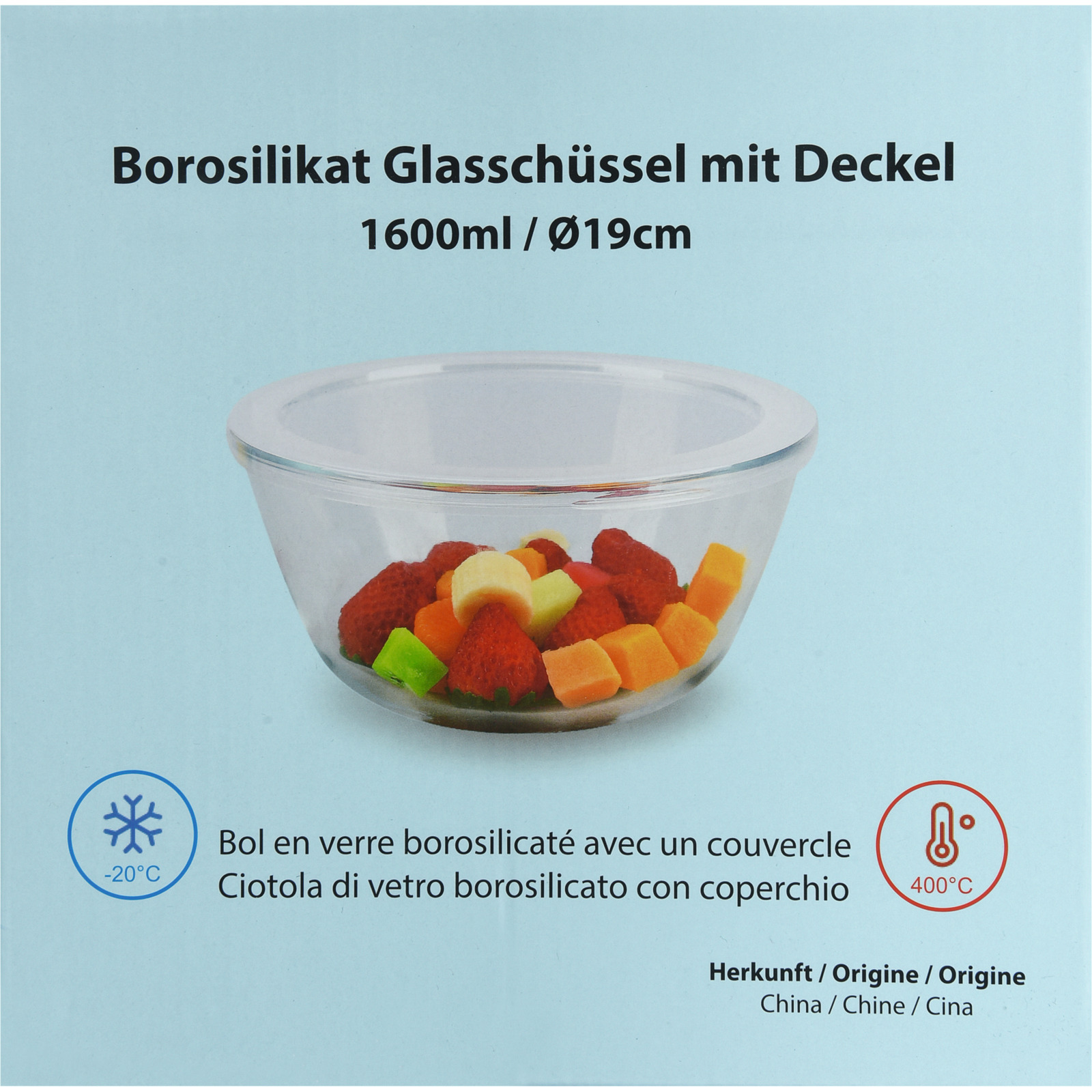 Schüssel Borosilicatglas D23cm m Deckel