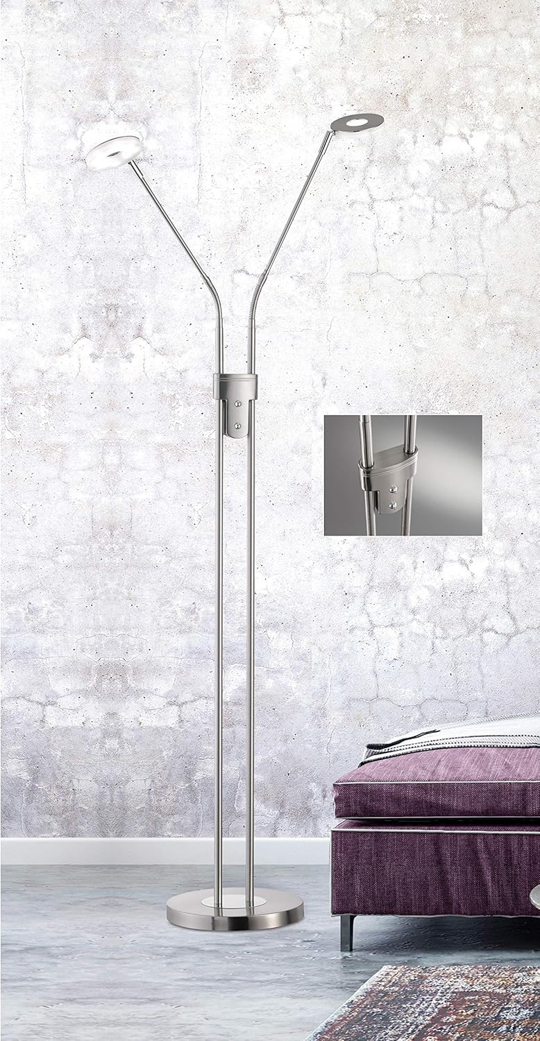 Fischer & Honsel Stehleuchte Dent, 2x LED 6 Watt, Matt, Nickelfarben, 3 Stufen CCT, Stufenlos Dimmbar, Flexarme, 40108, 25x25x150cm (LxBxH), 1600 Lumen, 2700K/ 3350K/ 4000K