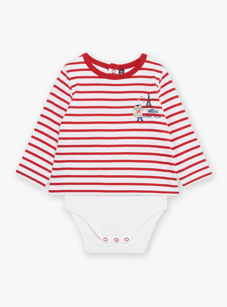 Body T-shirt écru et rouge à imprimé à rayures