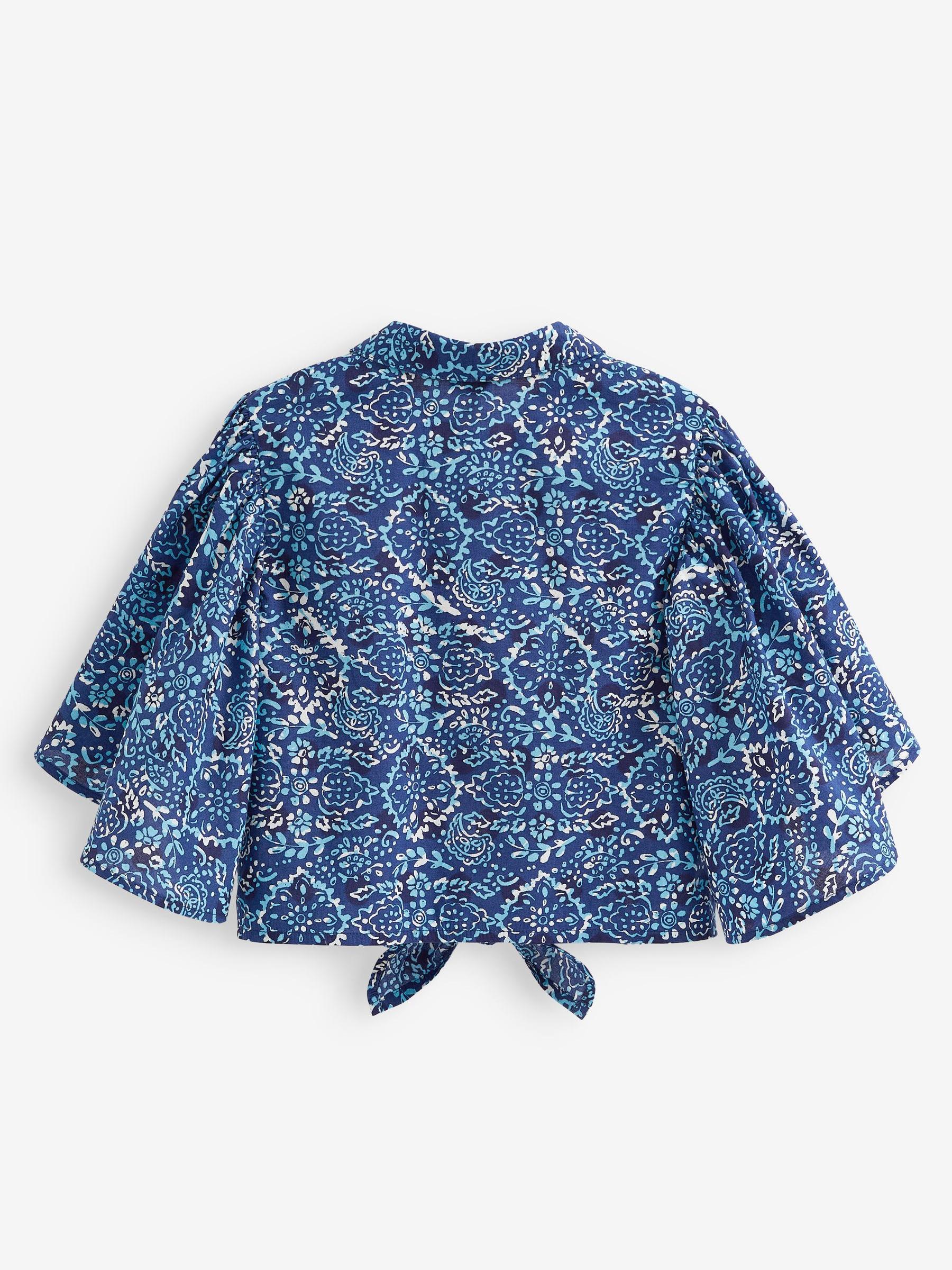 Blauw - Blouse met wijde mouwen met strik aan voorzijde (3-16jr)