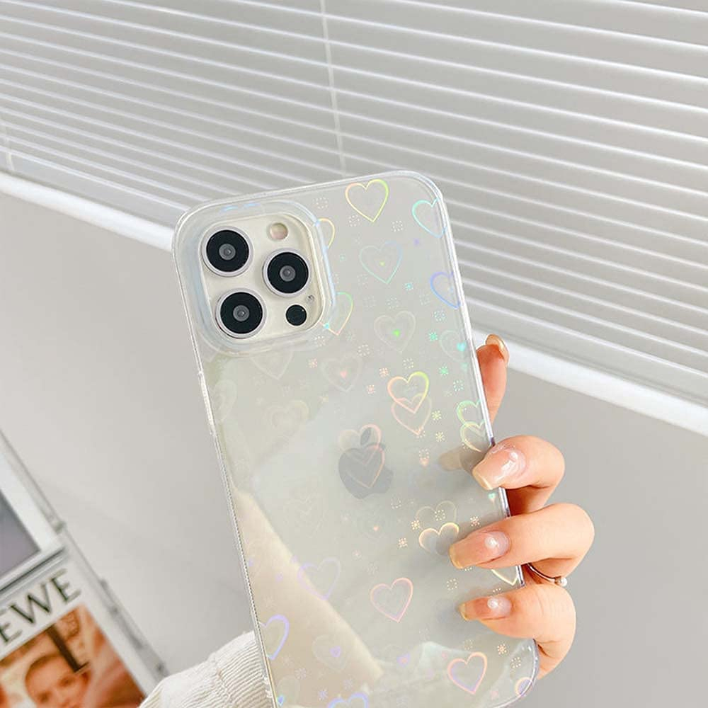 iPhone 12 Hybrid Hülle TPU Bumper   Laser Hologramm Glitzer Herze - Transparent