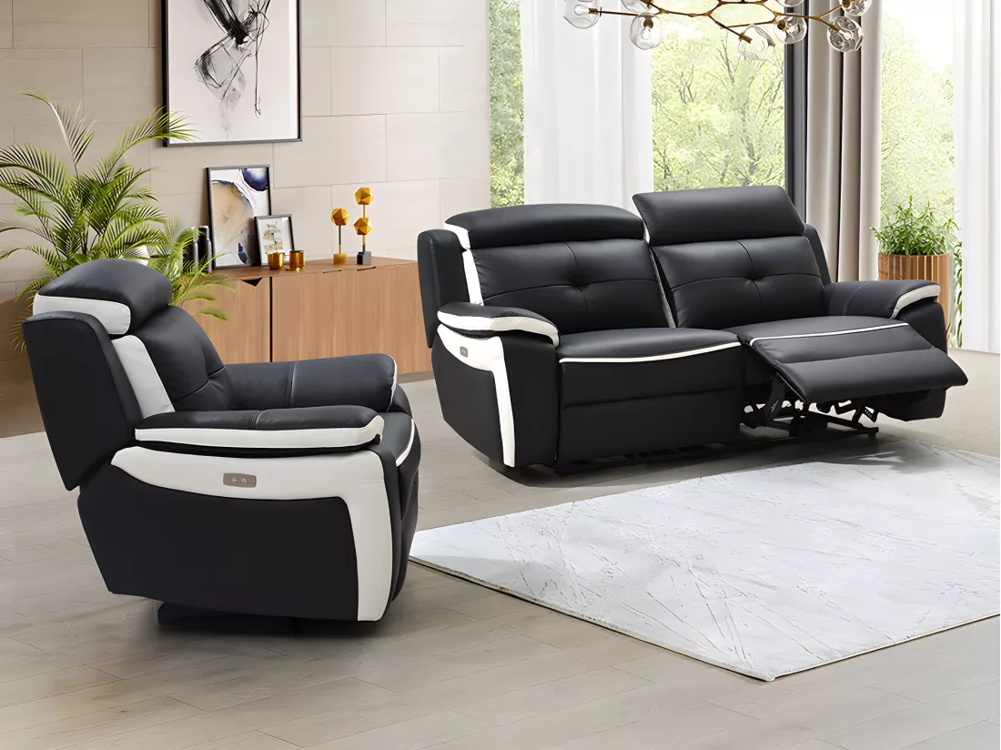 Canapé 3 places et un fauteuil relax électrique en cuir ANGELIQUE - Noir/blanc