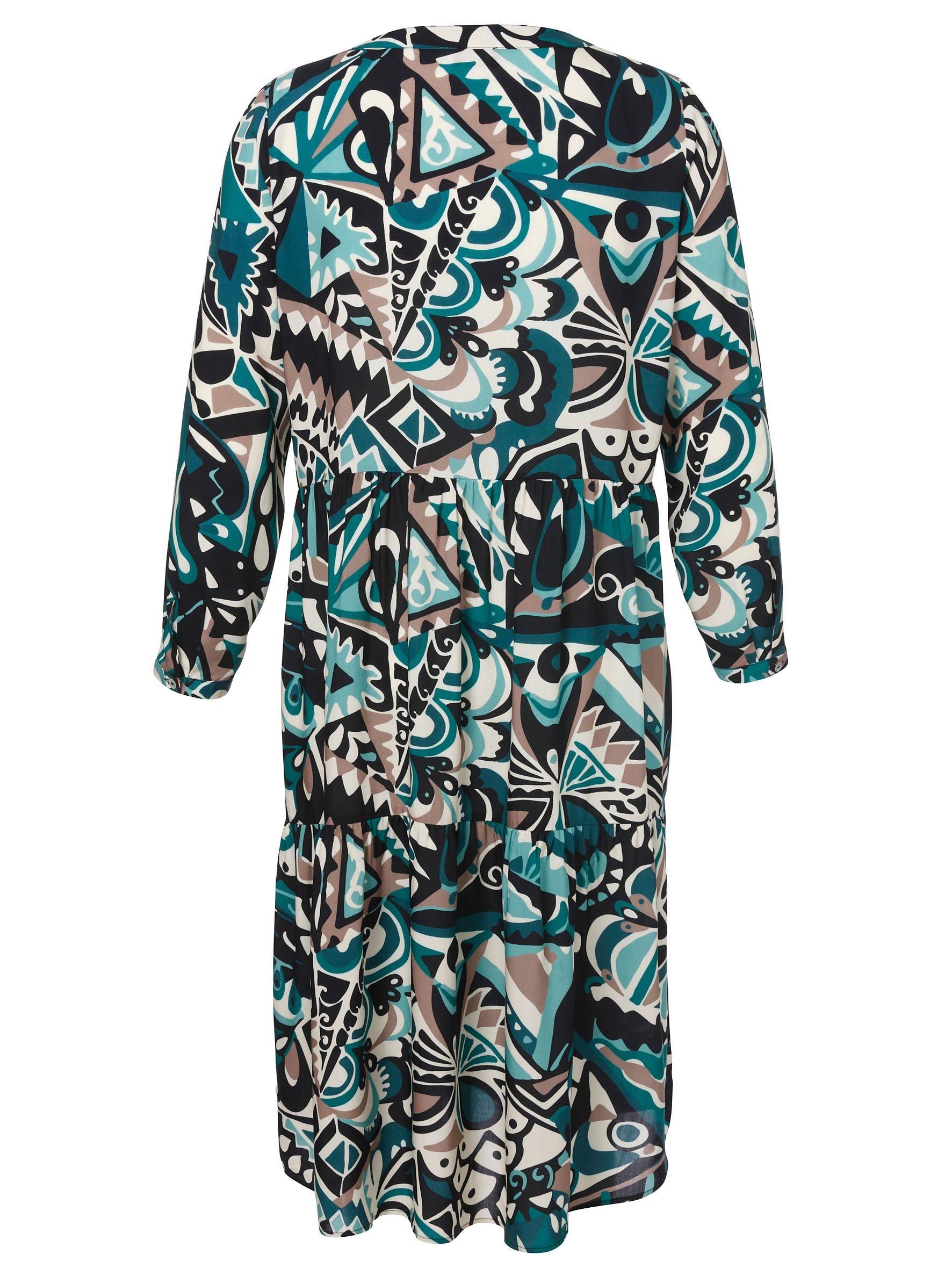 Langes Stufenkleid mit Alloverprint und V-Ausschnitt