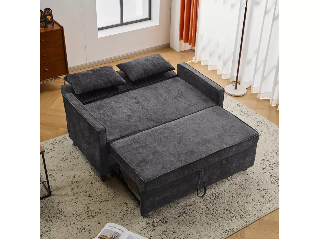 Canapé convertible 2 places, Canapé-lit pliant en tissu chenille - 142 x 79/174 x 85 cm - avec fonction sommeil et dossier réglable - Noir