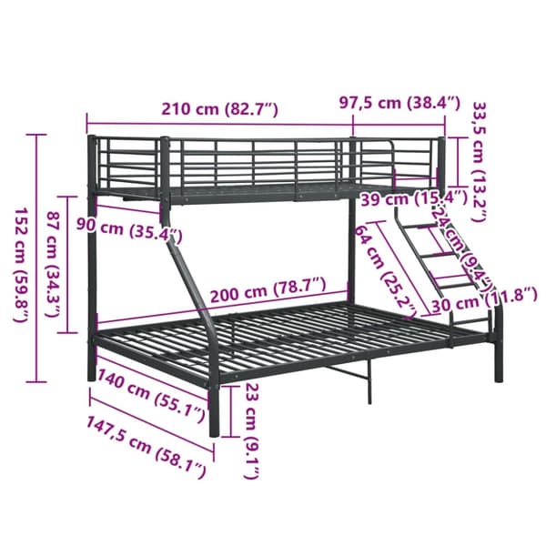 vidaXL Køyeseng ramme svart metall 140x200 cm/90x200 cm