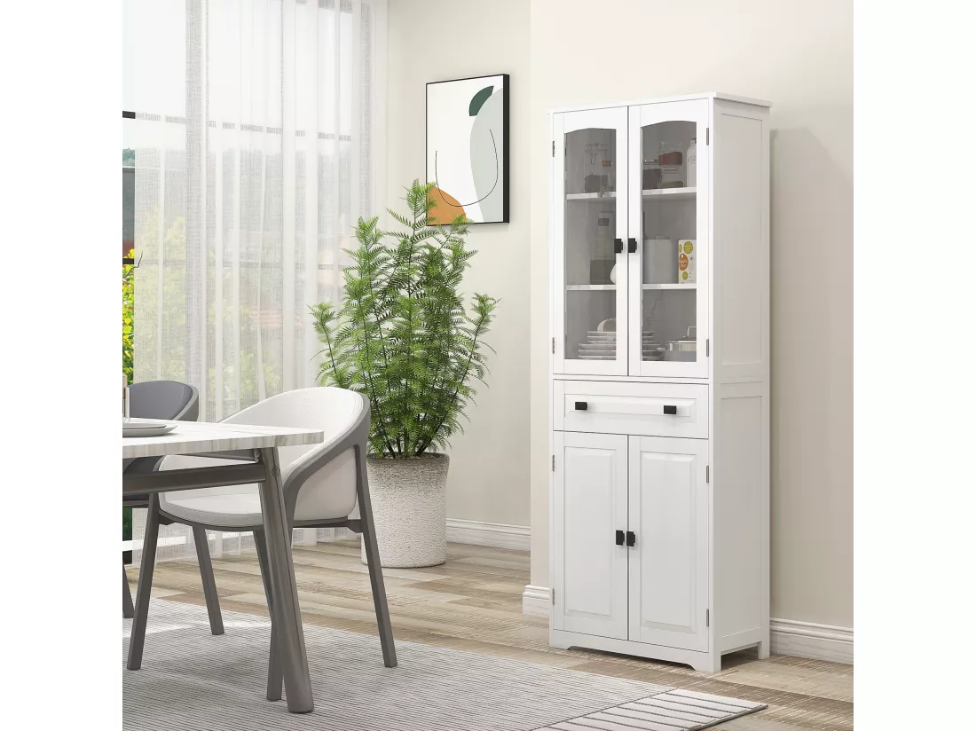Armoire de cuisine buffet haut 4 portes 3 étagères tiroir verre trempé panneaux MDF blanc