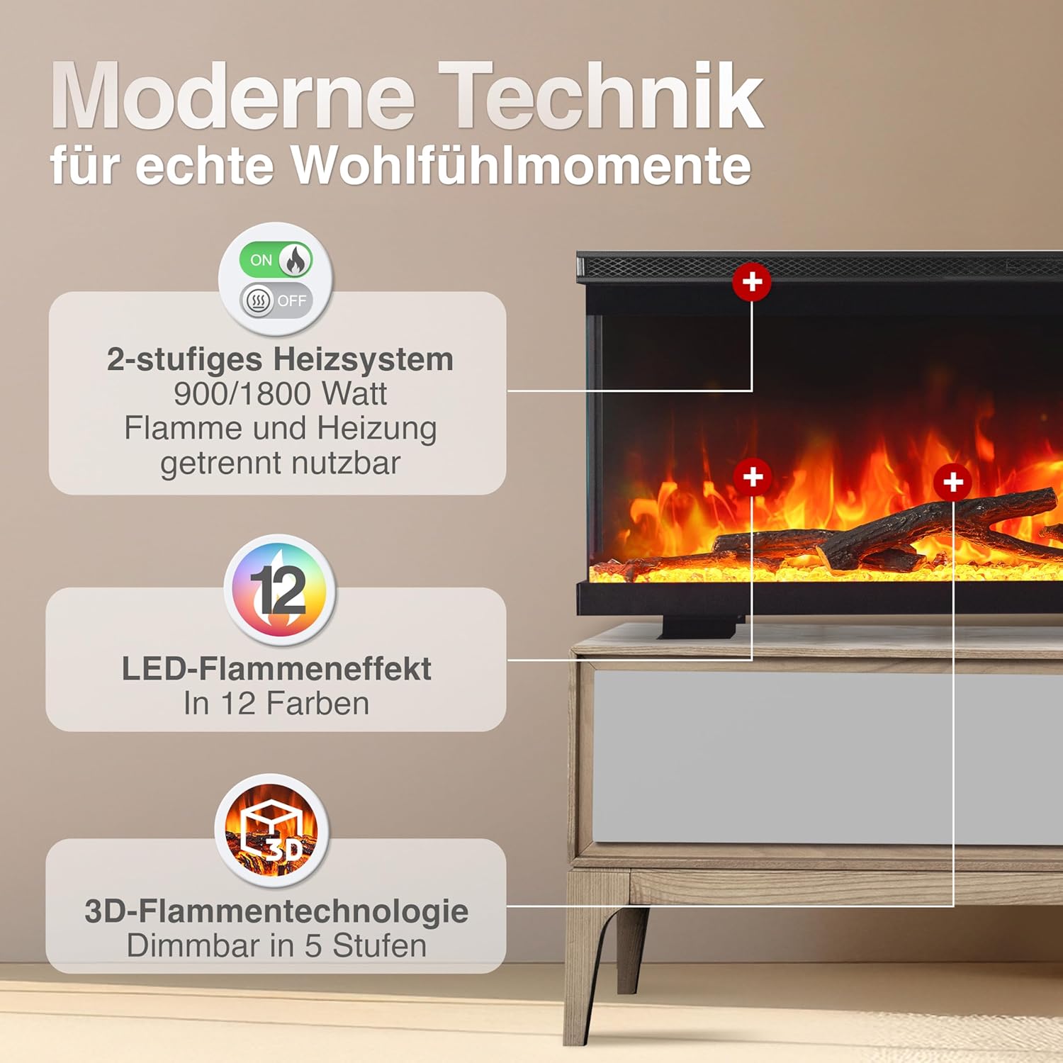 Elektrokamin LEA - Elektrischer 3-in-1 Kamin mit Panoramaview, Heizung, 3D-Flammeneffekt, 12 Flammenfarben, Fernbedienung (60 Zoll)