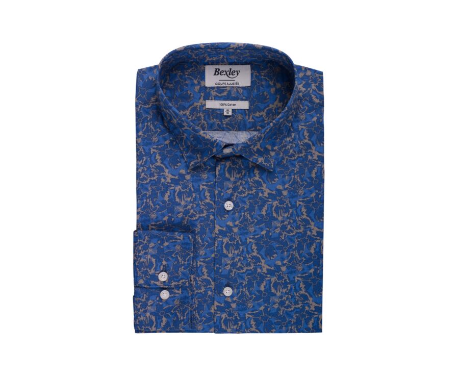 Chemise bleue indigo à motif tropical kaki - GALLIBERT