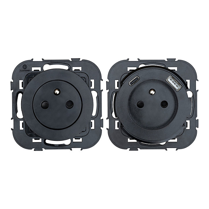 Prise avec terre Jacobsen Espen noir composable, lot de 3 + 1xUSB-A+C