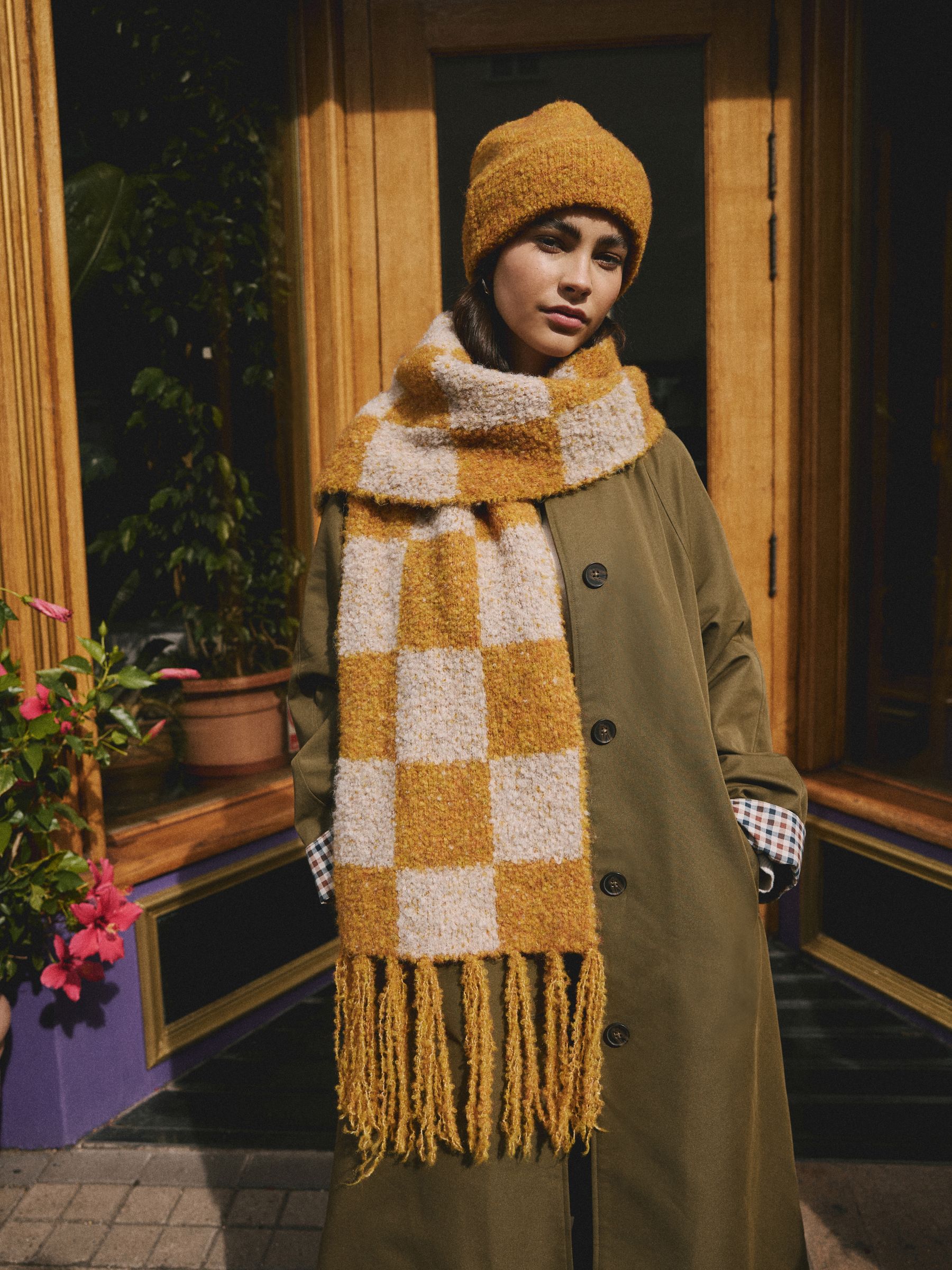 Okergeel - Checkerboard Boucle Knitted Heavweight Scarf