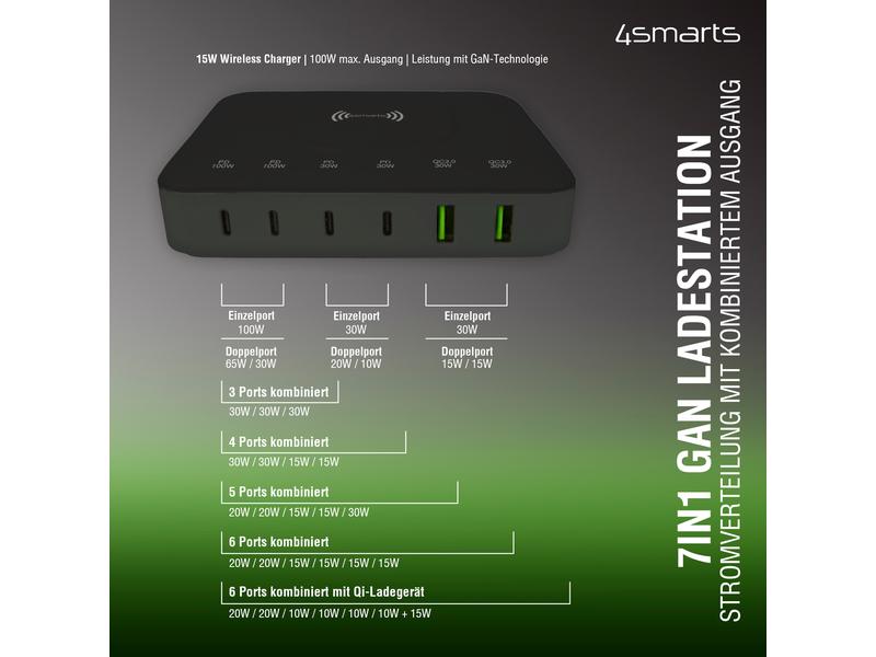4smarts 7in1 GaN Ladestation Schwarz 7-Port Ladestation mit Schnellladefunktion und integrierter kabelloser Ladefläche