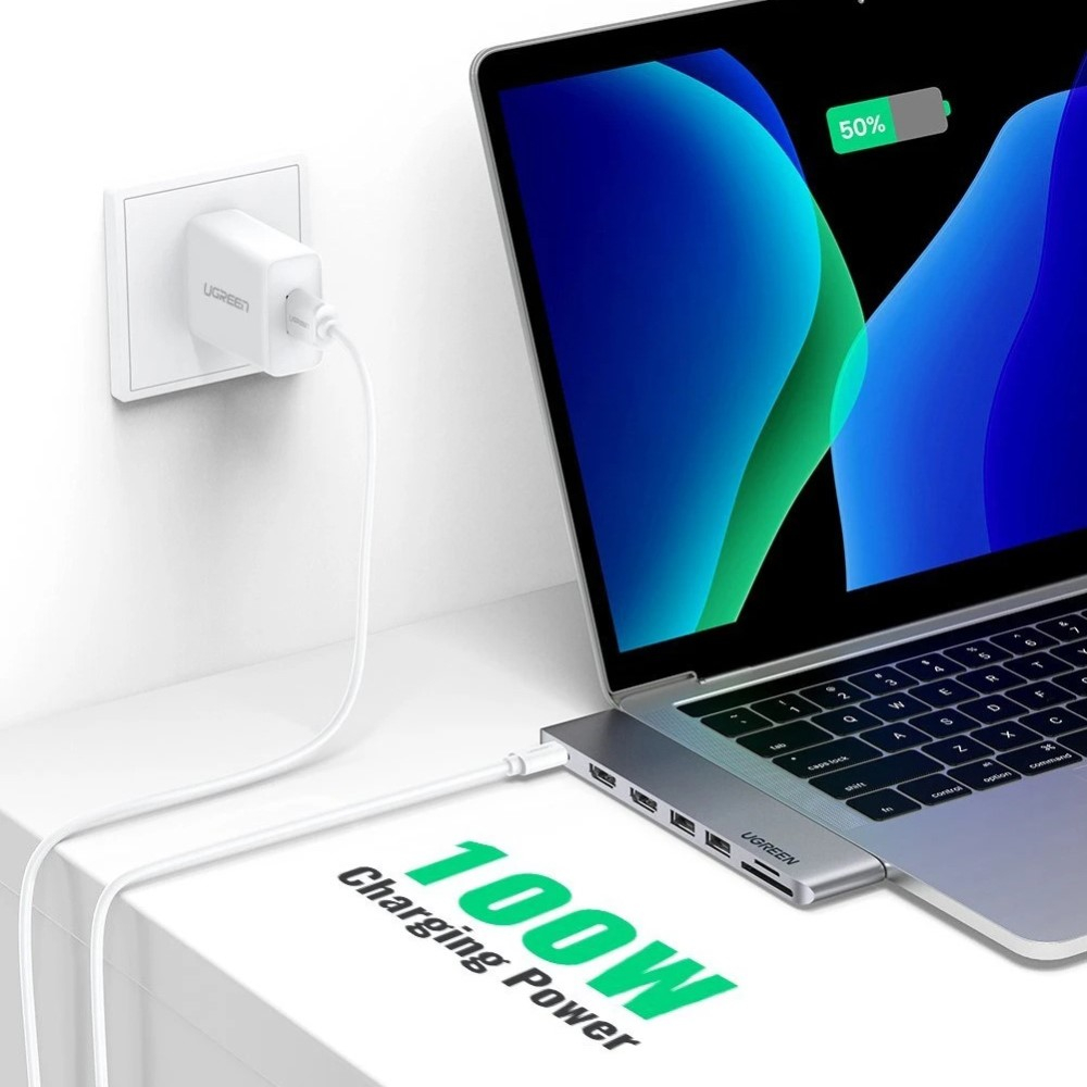 Dual USB C Multiport Adapter HUB mit 1x USB C (PD/100W) / 2x USB 3.0 / SD & Micro SD / 2x HDMI 4k@60Hz - Silber