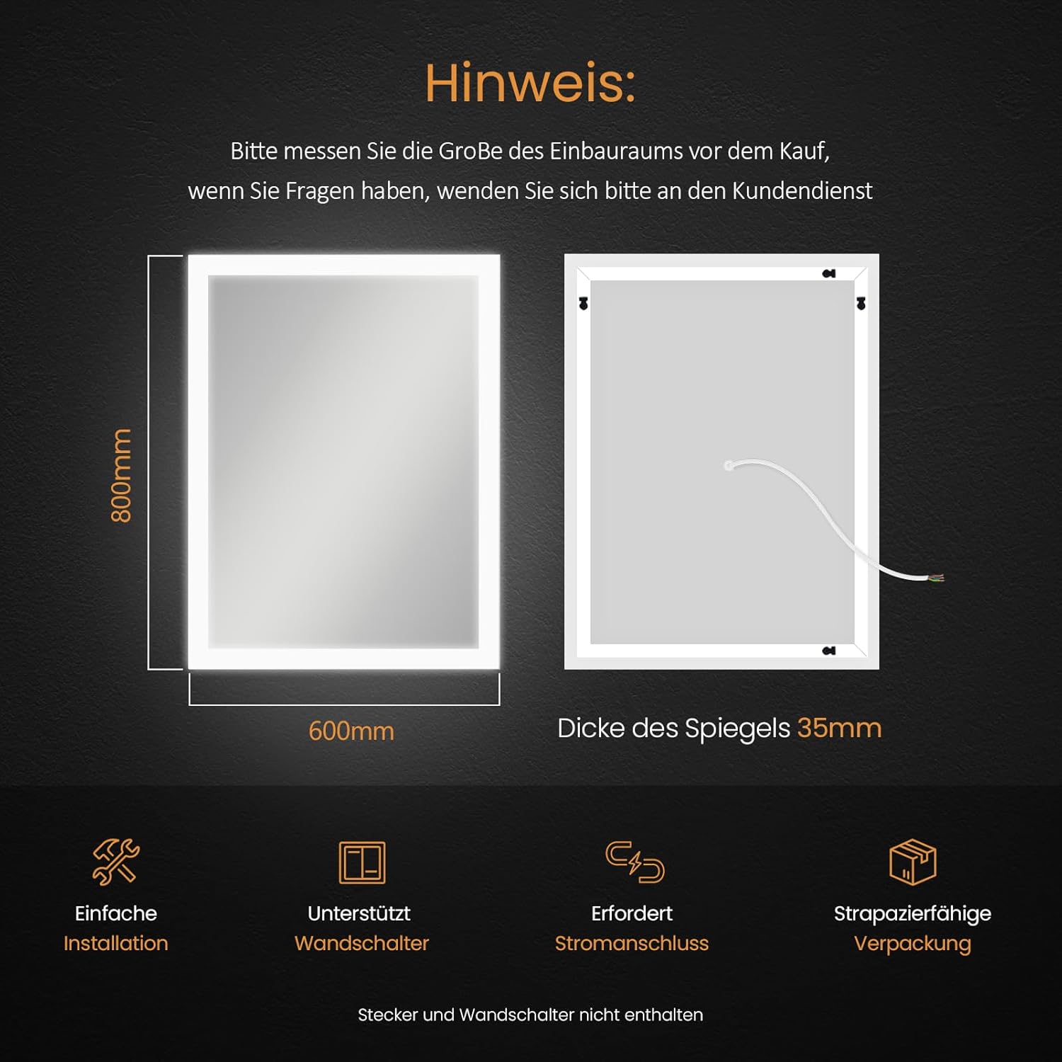 EMKE Badspiegel mit Beleuchtung 80x60cm Badezimmerspiegel mit Antibeschlag, Druckknopfschalter, Warmweißes Licht und Kaltesweißes Licht IP44 energiesparend Badspiegel