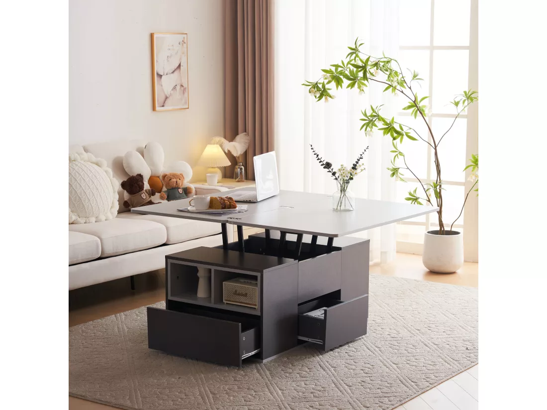Table basse relevable 2 plateaux 3 tiroirs blanc et gris foncé SCODS
