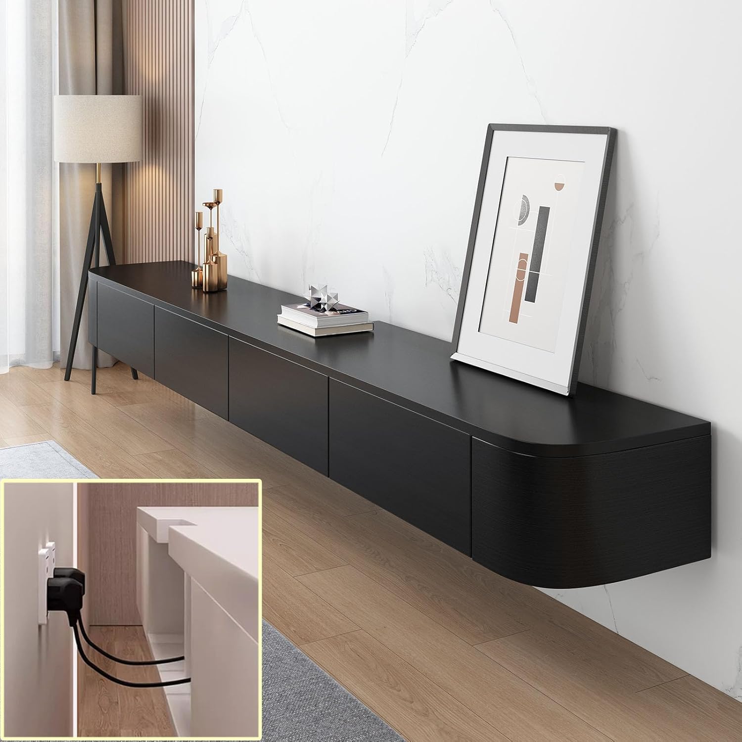 TV-Medienkonsole, Schwimmender TV-Schrank, Groß, Wandmontiert, Mehrere Aufbewahrungsfächer, Geeignet für Wohnzimmer, Schlafzimmer usw. (Schwarz, 140 x 20 x 24 cm) XC1746649