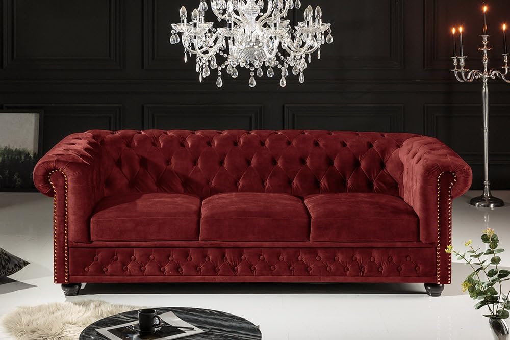 Riess Ambiente Barock Sofa Chesterfield 205cm - rot - Samt Federkern Knopfheftung 3-Sitzer-Couch Wohnzimmer Retro