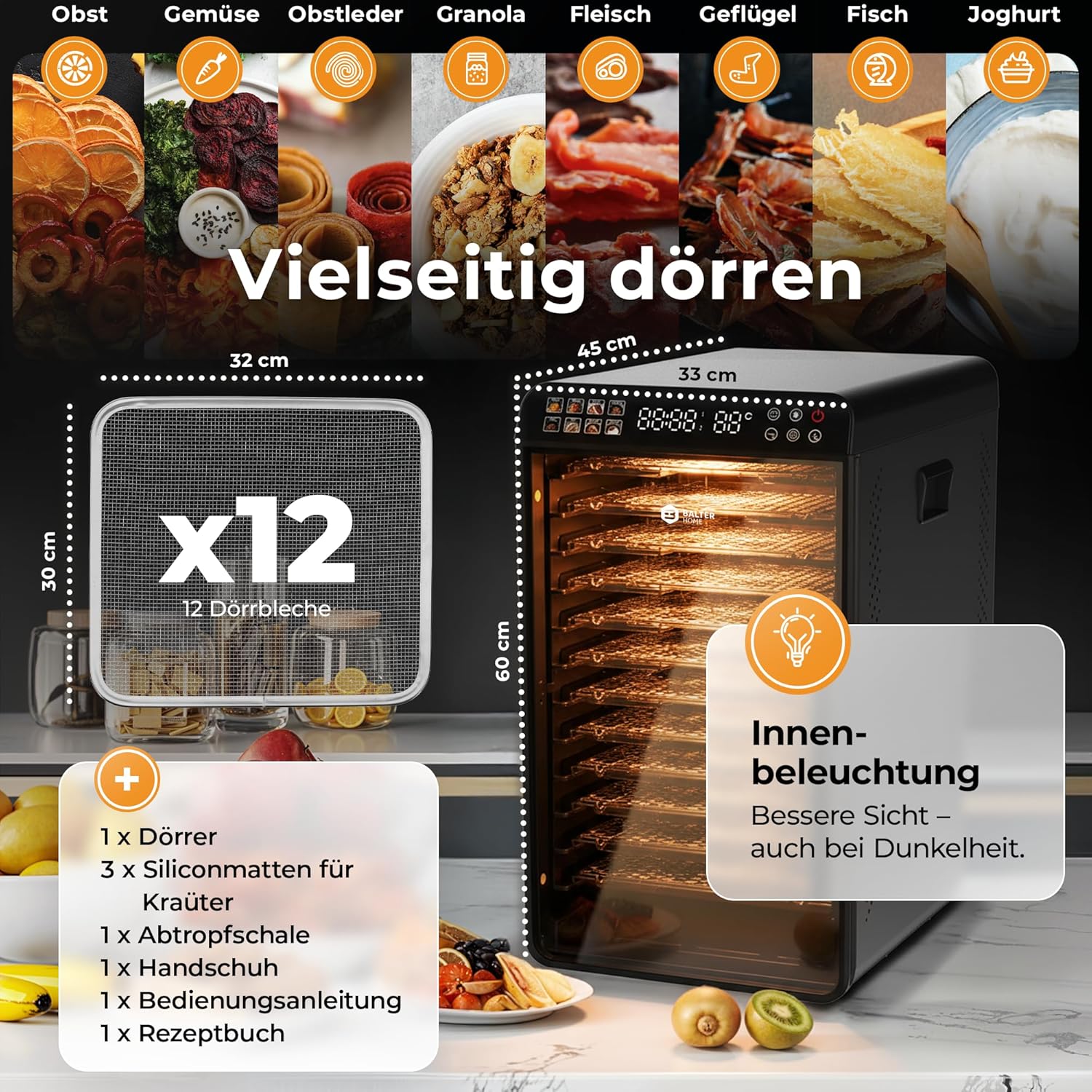 Balter Dörrautomat Edelstahl mit 2 Phasen Trocknung & 12 Etagen, 1100 W, 70L Volumen, 12000 cm² Dörrfläche, BPA-frei, 35–75 °C, Timer bis 72 Std, Dörrgerät, Dehydrator, Obsttrockner