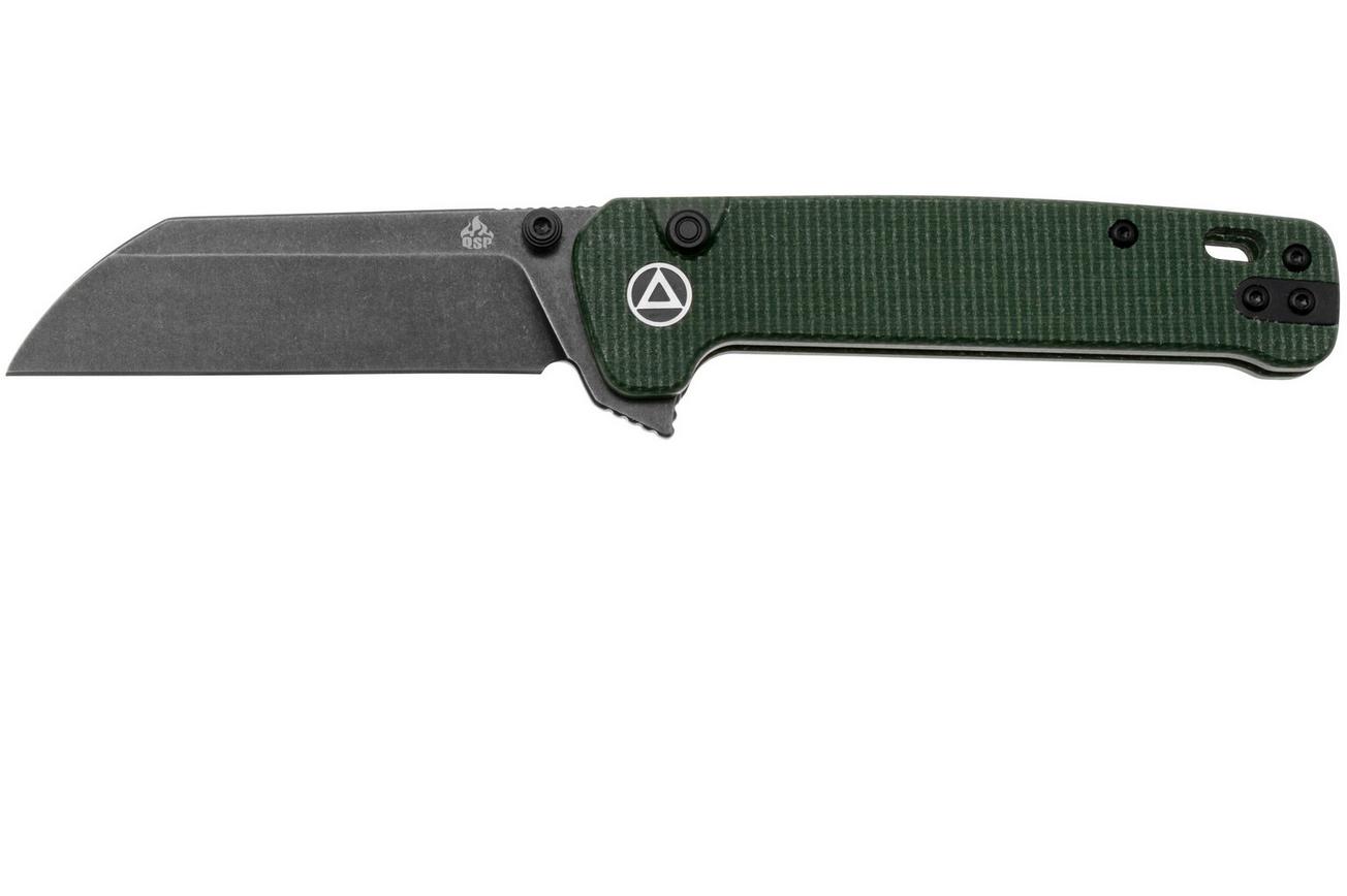 QSP Knife Penguin Button Lock QS130BL-C2 Black, Green Micarta, zakmes