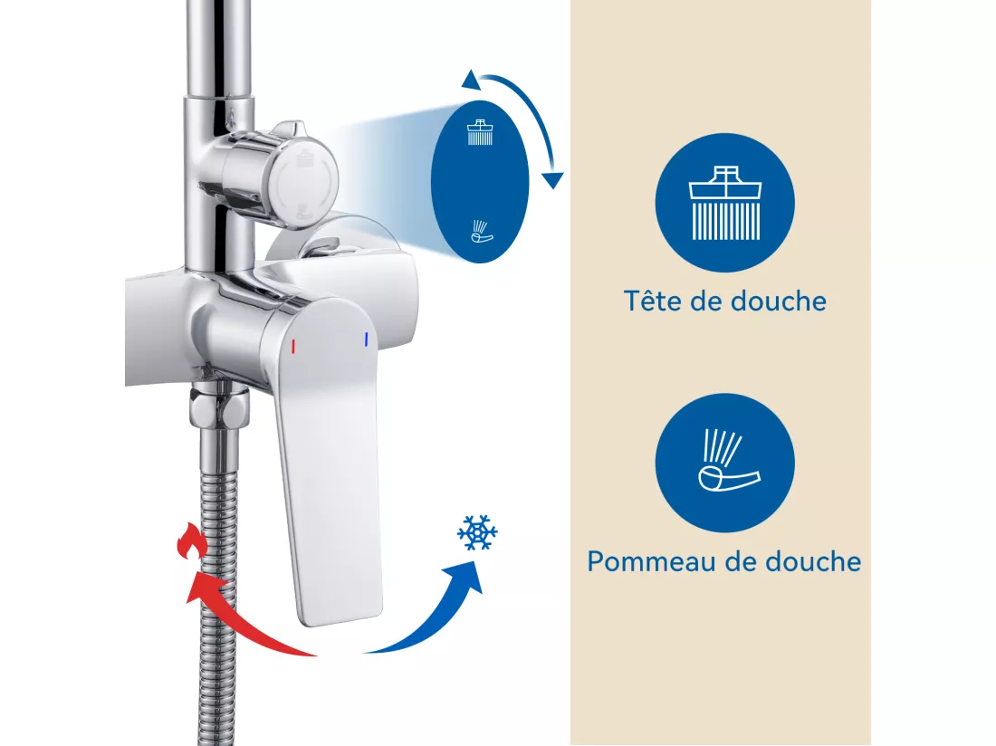 AURALUM MAX Colonne de Douche Mécanique,Hauteur Réglable 90-1240mm Set de Douche en Laiton Chromé+Porte Serviette Salle Bain Adhésif/Perçage,Brossé