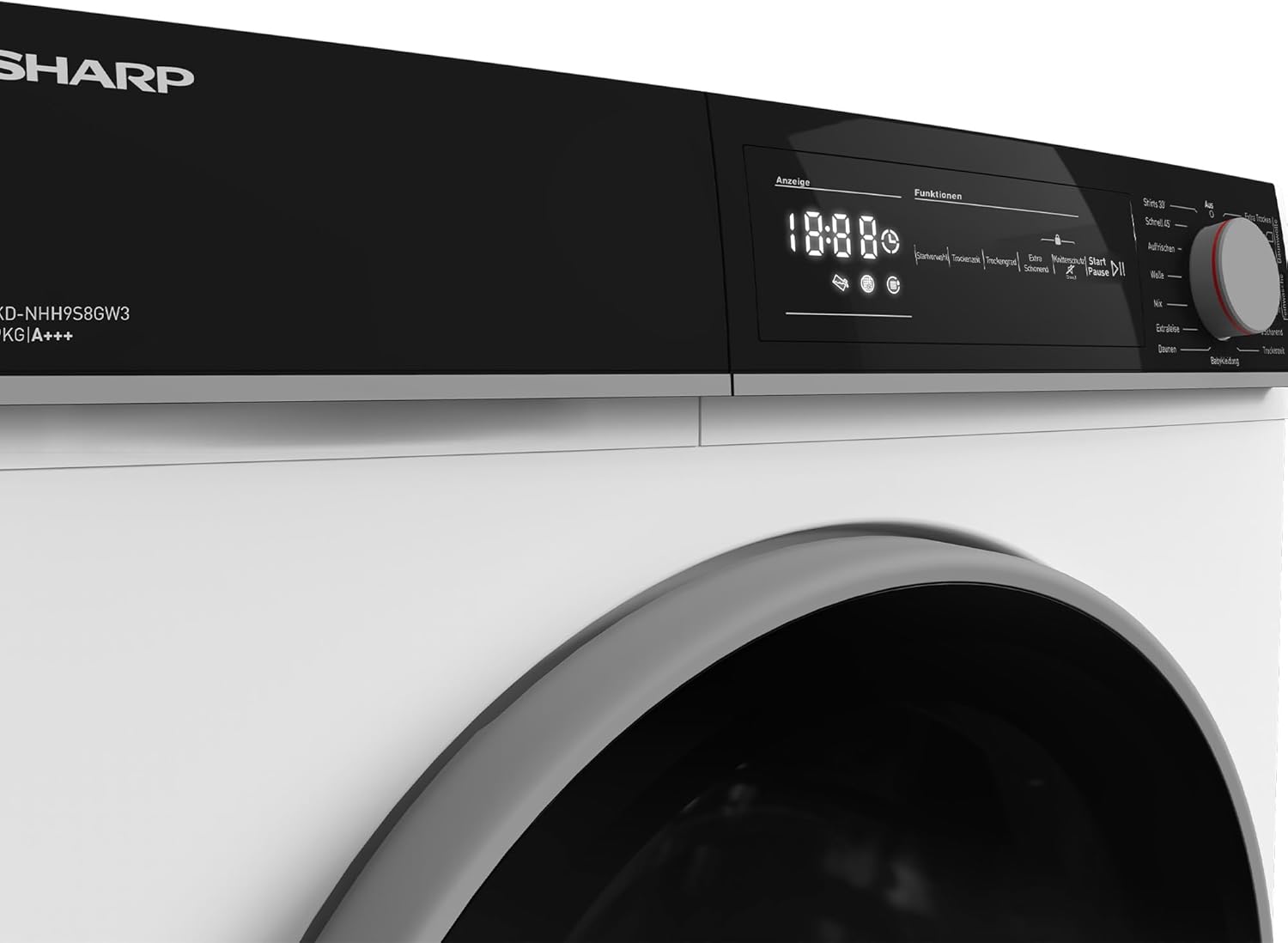 Sharp KD-NHH9S8GW3-DE Wärmepumpentrockner/C / 9 kg / 15 Programme inkl. Kurzprogramm 30 Min. / Schontrommel mit LED-Trommelbeleuchtung/Weiß
