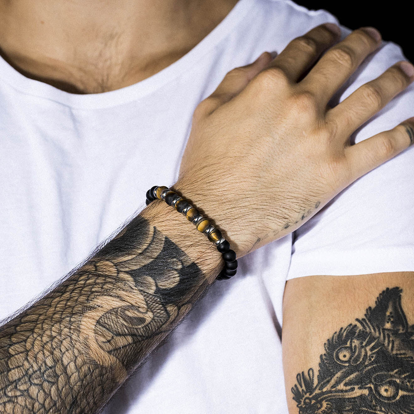 Jacobson Bracelet Yellow Tiger Eye en Acier & Oeil de Tigre marron/noir
